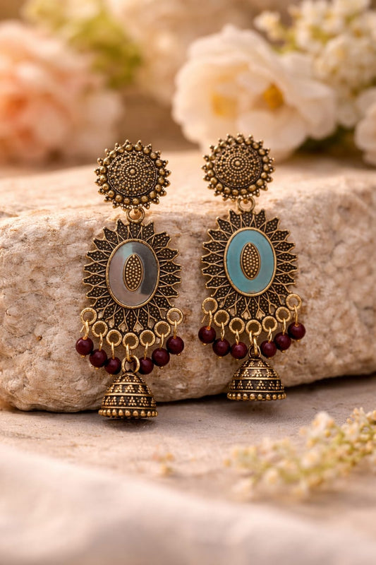 Gold Oxidized Jhumka Earrings with Stone & Beads – Traditional Ethnic Jewellery